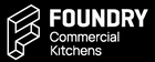 Foundry Commercial Kitchens logo featuring a geometric “F” outline design beside bold and modern white text on a dark background.