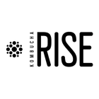 RISE Kombucha logo — bold, modern black lettering with “RISE” in all caps and “KOMBUCHA” vertically aligned beside a circular bubble motif, symbolizing effervescence and vitality.