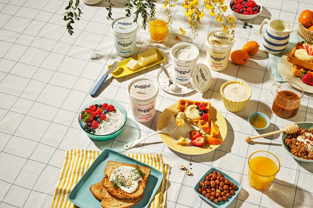 Bright breakfast scene featuring Yoggu! plant-based yogurt containers surrounded by bowls of yogurt with berries, waffles topped with fruit, toast, nuts, juice, and honey on a checkered tablecloth.